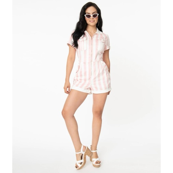 Unique Vintage Pink Striped Romper - Picture 1 of 4